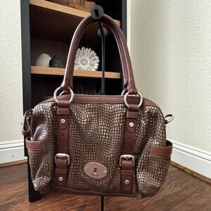 Fossil Maddox Satchel Shoulder Bag Handbag Brown Leather Croc Embossed Y2K
